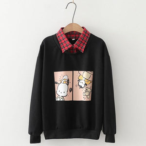 Animal Printing Cartoon Plaid Collar Shirt One-Piece Sweaters Three Colors Hoodie J30003 Black / M
