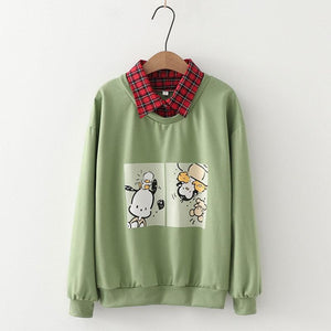 Animal Printing Cartoon Plaid Collar Shirt One-Piece Sweaters Three Colors Hoodie J30003 Green / M