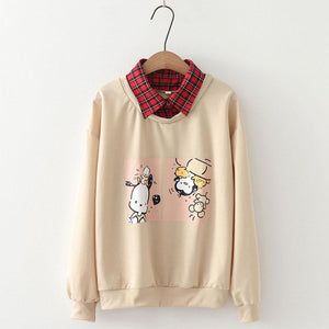 Animal Printing Cartoon Plaid Collar Shirt One-Piece Sweaters Three Colors Hoodie J30003 Khaki / M