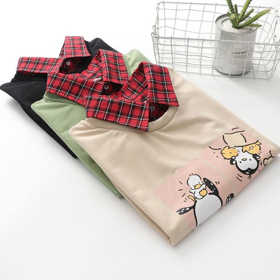 Animal Printing Cartoon Plaid Collar Shirt One-Piece Sweaters