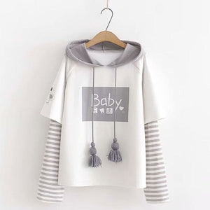 Baby Letter Cartoon Print Stripe Tassels Drawstring False Two-Piece Hoodie J30035 White / One Size