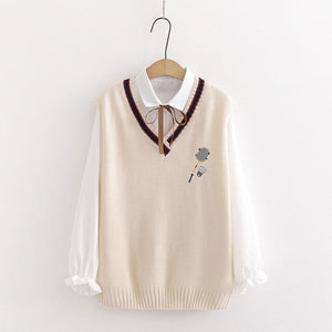Badminton Embroidery Knit Vest Thin Tie White Shirt J10000 Beige / One Size Sweatshirt