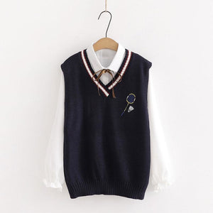 Badminton Embroidery Knit Vest Thin Tie White Shirt J10000 Blue / One Size Sweatshirt