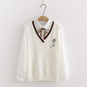 Badminton Embroidery Knit Vest Thin Tie White Shirt J10000 / One Size Sweatshirt