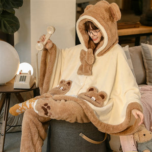 Bear Ears Pocket Bow Hooded Pajama Set Berber Fleece Winter Nighty J30054 Pajamas