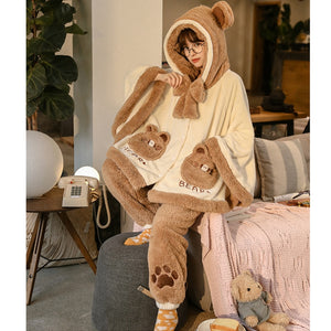 Bear Ears Pocket Bow Hooded Pajama Set Berber Fleece Winter Nighty J30054 Pajamas