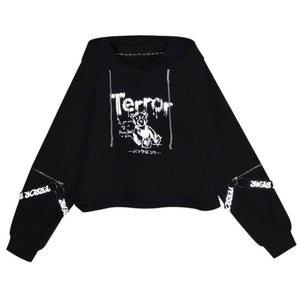 Bear Print Zipper Hollow Out Sleeves Crop Top Hoodie J30030 Black / S Sweatshirt