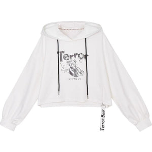 Bear Print Zipper Hollow Out Sleeves Crop Top Hoodie J30030 White / S Sweatshirt