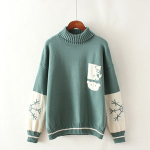 Bear Snowflake Pattern Sweater Winter High Collar Kintted J30009 Green / One Size Sweatshirt