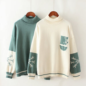 Bear Snowflake Pattern Sweater Winter High Collar Kintted J30009 Sweatshirt