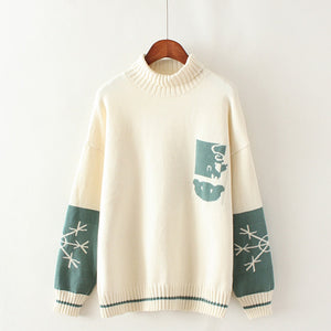 Bear Snowflake Pattern Sweater Winter High Collar Kintted J30009 White / One Size Sweatshirt