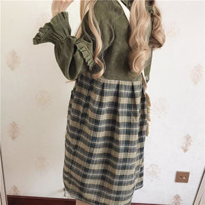 Bears Doll Collar Ruffle Plaid Skirt Pocket Corduroy Dress J30010
