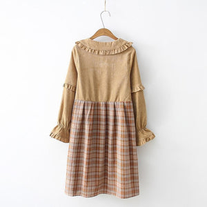 Bears Doll Collar Ruffle Plaid Skirt Pocket Corduroy Dress J30010