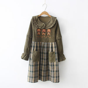 Bears Doll Collar Ruffle Plaid Skirt Pocket Corduroy Dress J30010 Green / One Size