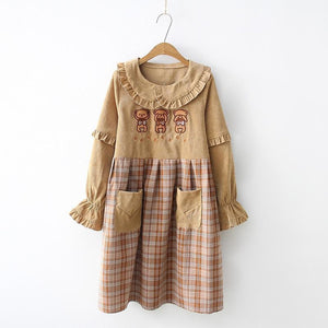 Bears Doll Collar Ruffle Plaid Skirt Pocket Corduroy Dress J30010 Khaki / One Size