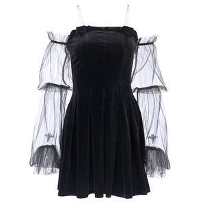 Black Velvet Sexy Tulle See Through High Waist Pleated Dress / S