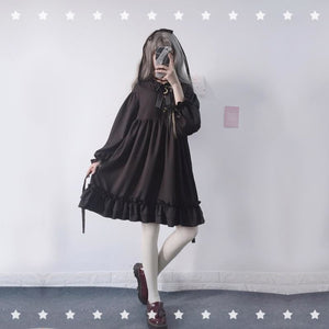 Bow-Knot Black Flounced Dress / One Size