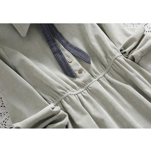 Bow Tie Button Corduroy Shirt One-Piece Dress J10003