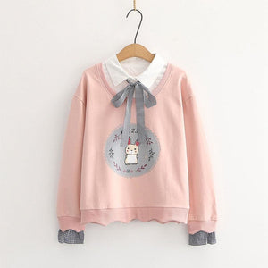 Bunny Print Bow Tie Shirt Two-Piece Sweatshirt J10029 Pink
