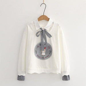 Bunny Print Bow Tie Shirt Two-Piece Sweatshirt J10029 White