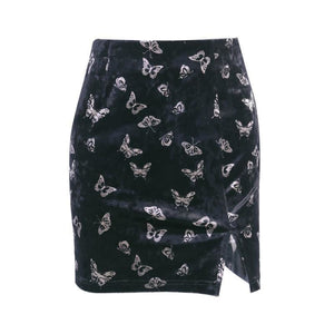 Butterfly Print Split Velvet Slim Skirt Black / S