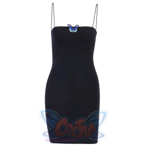 Butterfly Spaghetti Strap Slim Fit Slip Dress Black / S