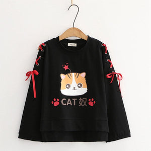 Cartoon Cat Star Print Lace Up Bow Sleeves Sweatshirt J10011 Black / M