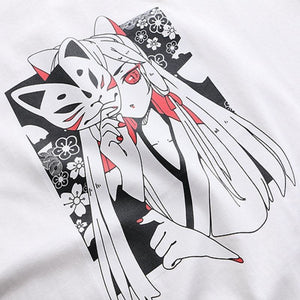 Cartoon Fox Print Lace-Up Sleeves Summer T-Shirt Two Colors T-Shirt