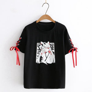 Cartoon Fox Print Lace-Up Sleeves Summer T-Shirt Two Colors Black / M T-Shirt