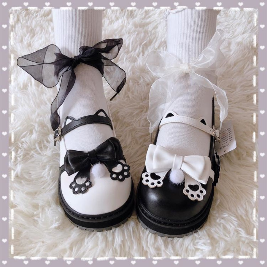 Cat Claw Ears Bow Buckle Flats Lolita Mary Janes Shoes J40374 Black & White / 35