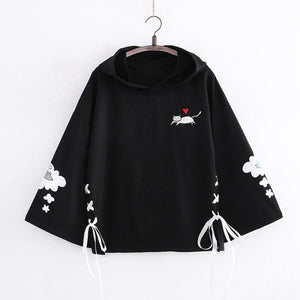 Cat Dream Laced-Up Loose Hoodie Black / One Size Sweatshirt
