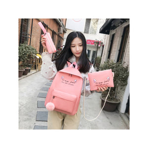 Cat Ears Printed Candy Color Canvas Backpack Handbag 3Pcs Set Pink / One Size