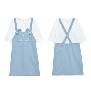 Cat Embroidery Pocket Fake Two-Piece Overalls Dress J10018