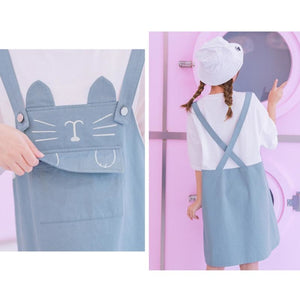 Cat Embroidery Pocket Fake Two-Piece Overalls Dress J10018