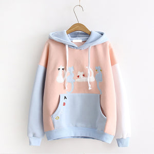 Cat Embroidery Velvet Color-Block Hoodie J10021 Pink / One Size Sweatshirt