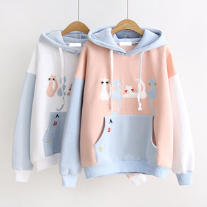 Cat Embroidery Velvet Color-Block Hoodie J10021 Sweatshirt