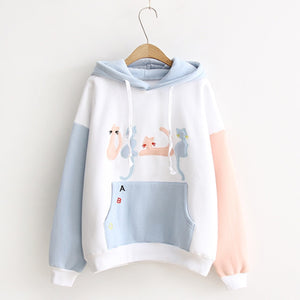 Cat Embroidery Velvet Color-Block Hoodie J10021 White / One Size Sweatshirt
