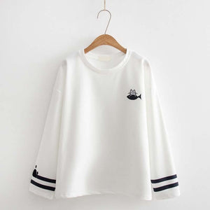 Cat Fish Embroidery Loose Sweatshirt J10022 White