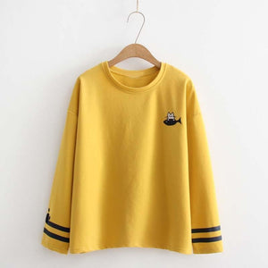 Cat Fish Embroidery Loose Sweatshirt J10022 Yellow