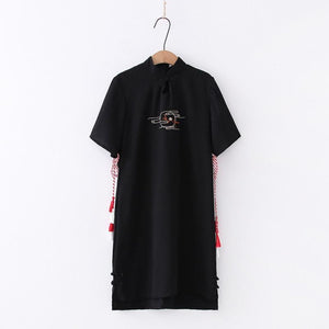 Cheongsam Statement Tassel Frog Embroidery Mandarin Collar Dress J40073 Black / One Size
