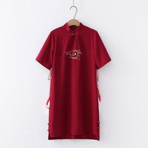 Cheongsam Statement Tassel Frog Embroidery Mandarin Collar Dress J40073 Red / One Size