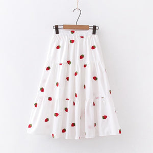 Cherry Strawberry Pineapple Embroidery A-Line Pleated Skirt / One Size