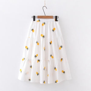 Cherry Strawberry Pineapple Embroidery A-Line Pleated Skirt / One Size
