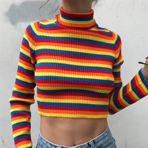 Colorful Rainbow Cross Stripe Short Crop Top Turtleneck Sweater Knitted Mp006139 One Size Sweatshirt