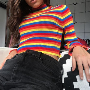 Colorful Rainbow Cross Stripe Short Crop Top Turtleneck Sweater Knitted Mp006139 Sweatshirt