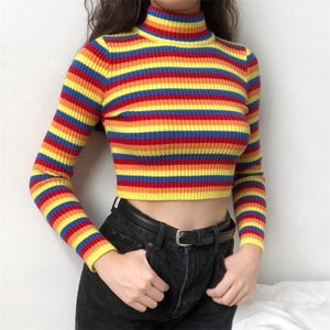 Colorful Rainbow Cross Stripe Short Crop Top Turtleneck Sweater Knitted Mp006139 Sweatshirt
