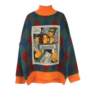 Comic Print Vintage Loose Turtle Neck Sweater Green. / S Sweatshirt