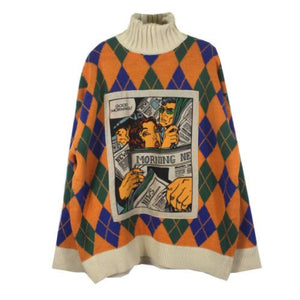 Comic Print Vintage Loose Turtle Neck Sweater Orange / S Sweatshirt