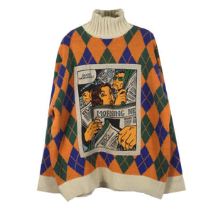 Comic Print Vintage Loose Turtle Neck Sweater Sweatshirt