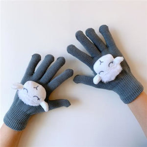 Couple Cute Little Monster Cartoon Students Warm Winter Handmade Gloves Gray Sheep / One Size